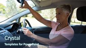  Presentation with rear view mirror - Presentation enhanced with security dashboard - active senior woman looking background and a ocean colored foreground