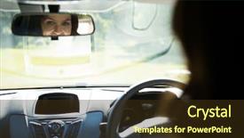  Presentation with rear view mirror - Theme consisting of security dashboard - beautiful woman looking into rear background and a  colored foreground