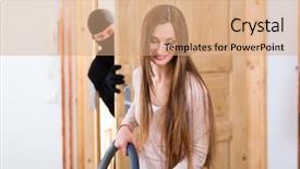  Presentation with innocence - Amazing slide set having security - disguised burglar breaking in an apartment or office and standing behind the innocence victim backdrop and a coral colored foreground