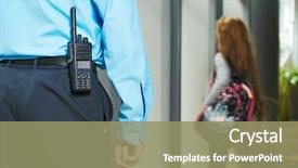  Presentation with security gate - Presentation theme featuring security guard controlling indoor entrance background and a coral colored foreground