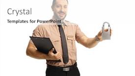  Presentation with security guard - PPT theme consisting of security-guard-holding-a-padlock background and a white colored foreground