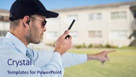  Presentation with walkie talkie - Slide set having security guard holding walkie talkie background and a light blue colored foreground