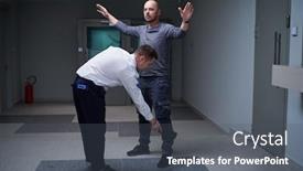  Presentation with security guard - Cool new PPT theme with security-guard-making-body-searching backdrop and a dark gray colored foreground