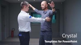  Presentation with treasury - Colorful presentation theme enhanced with security-guard-making-body-searching backdrop and a tawny brown colored foreground