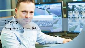  Presentation with security officer - Cool new slides with security guard officer watching video backdrop and a light blue colored foreground