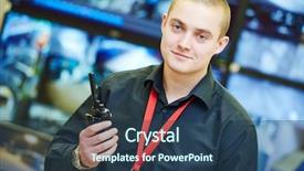  Presentation with security officer - Amazing PPT theme having security guard officer with portable backdrop and a ocean colored foreground