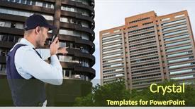  Presentation with security guard - PPT layouts featuring security guard pointing at buildings background and a tawny brown colored foreground