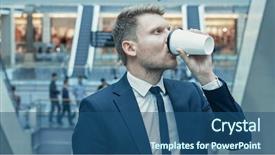  Presentation with large retail store - Presentation theme featuring security guard sales - young businessman drinking coffee background and a  colored foreground
