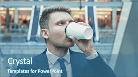  Presentation with retail store telco - Beautiful presentation theme featuring security guard sales - young businessman drinking coffee backdrop and a  colored foreground