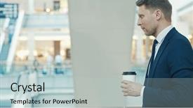  Presentation with large retail store - Presentation theme enhanced with security guard sales - young businessman with coffee background and a  colored foreground