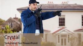  Presentation with security guard - Slide set enhanced with security guard talking on walkie background and a coral colored foreground