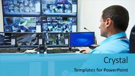  Presentation with security guard - Beautiful presentation design featuring security guard watching video monitoring backdrop and a teal colored foreground
