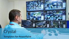  Presentation with monitoring - PPT theme with security guard watching video monitoring background and a teal colored foreground