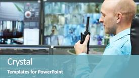  Presentation with security guard - Cool new presentation design with friendly handshake pleasant nice cheerful woman looking at her doctor and smiling while greeting him backdrop and a gray colored foreground.