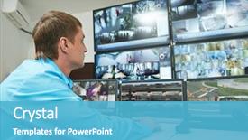  Presentation with video surveillance - PPT layouts consisting of security guard watching video monitoring background and a teal colored foreground