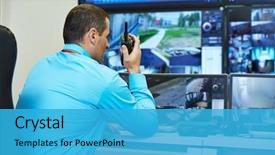  Presentation with security guard - Slide set enhanced with security guard watching video monitoring background and a teal colored foreground