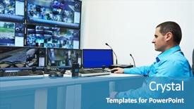  Presentation with security guard - Cool new PPT layouts with security guard watching video monitoring backdrop and a teal colored foreground