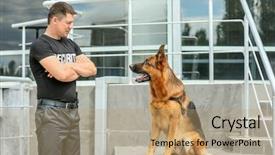  Presentation with building security - Audience pleasing presentation consisting of security guard with dog near backdrop and a coral colored foreground