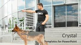  Presentation with building security - PPT theme featuring security guard with dog near background and a light gray colored foreground