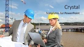  Presentation with under construction - Theme with security industrial - architect and supervisor checking site background and a light blue colored foreground