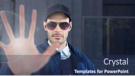  Presentation with building security - Cool new PPT theme with security man outside blue background building with stop hand gesture backdrop and a navy blue colored foreground