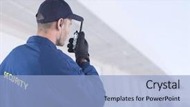  Presentation with man door - Presentation theme consisting of security man outside bright background background and a light blue colored foreground