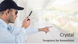  Presentation with security alarms - Audience pleasing presentation design consisting of security man outside bright background backdrop and a light gray colored foreground