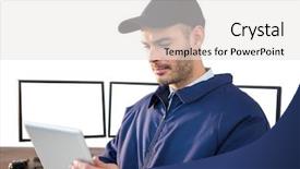  Presentation with using digital tablet - Beautiful PPT theme featuring security officer using digital tablet backdrop and a  colored foreground