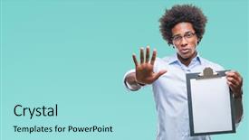  Presentation with american sign language asl - PPT layouts consisting of security review - afro american man holding clipboard background and a  colored foreground