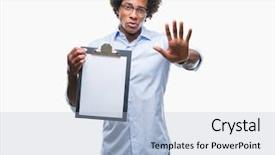  Presentation with review - Audience pleasing theme consisting of security review - afro american man holding clipboard backdrop and a  colored foreground