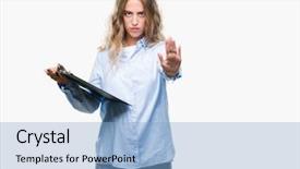  Presentation with business review - PPT theme with security review - beautiful young blonde business woman background and a  colored foreground