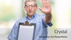  Presentation with inspector - Cool new slides with security review - handsome senior inspector man holding backdrop and a  colored foreground