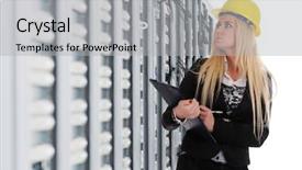  Presentation with server room - Presentation design featuring security review - it female inspector in datacenter background and a light gray colored foreground