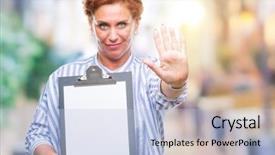  Presentation with defense - Presentation theme featuring security review - senior caucasian business woman holding background and a  colored foreground