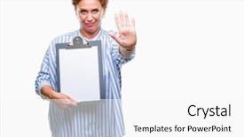  Presentation with defense - Presentation having security review - senior caucasian business woman holding background and a  colored foreground