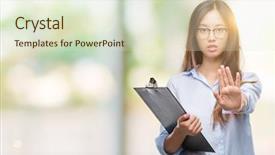  Presentation with business review - Cool new slides with security review - young asian business woman holding backdrop and a soft green colored foreground