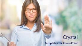  Presentation with young business woman smile show - PPT layouts consisting of security review - young asian business woman background and a sky blue colored foreground