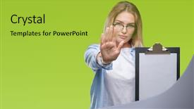  Presentation with young business woman smile show - Presentation theme enhanced with security review - young caucasian business woman holding background and a  colored foreground