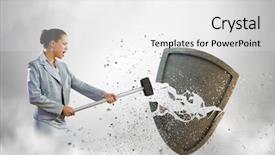  Presentation with shield - Cool new PPT theme with security risk - image of businesswoman crashing shield backdrop and a white colored foreground