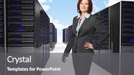  Presentation with datacenter - Colorful theme enhanced with security servers - smiling businesswoman and datacenter backdrop and a dark gray colored foreground