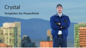  Presentation with city buildings - Cool new slide set with security standing with arms crossed backdrop and a light blue colored foreground