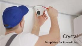  Presentation with video surveillance - Presentation design consisting of security systems - technician fixing video surveillance camera background and a mint green colored foreground