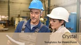  Presentation with machine - Theme having security training - metal worker showing machine room background and a coral colored foreground