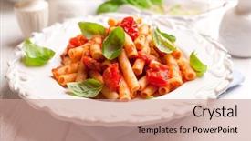  Presentation with italian cuisine - Colorful PPT layouts enhanced with sedani rigati with cherry tomatoes backdrop and a coral colored foreground