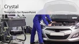  Presentation with car engine - Presentation theme enhanced with sedation - mechanic leaning on a car background and a white colored foreground