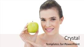  Presentation with green apple - Colorful presentation theme enhanced with seductive natural brown haired model showing a green apple on white background backdrop and a lemonade colored foreground