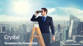  Presentation with businessman climbing the career ladder - Colorful presentation design enhanced with see top - businessman looking on a ladder backdrop and a gray colored foreground