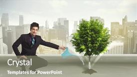  Presentation with green city - Cool new presentation theme with seed leaves globe - businessman watering green tree backdrop and a  colored foreground