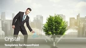  Presentation with green city - Audience pleasing PPT layouts consisting of seed leaves globe - businessman watering green tree backdrop and a  colored foreground