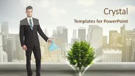  Presentation with green city - Cool new slides with seed leaves globe - businessman watering green tree backdrop and a  colored foreground